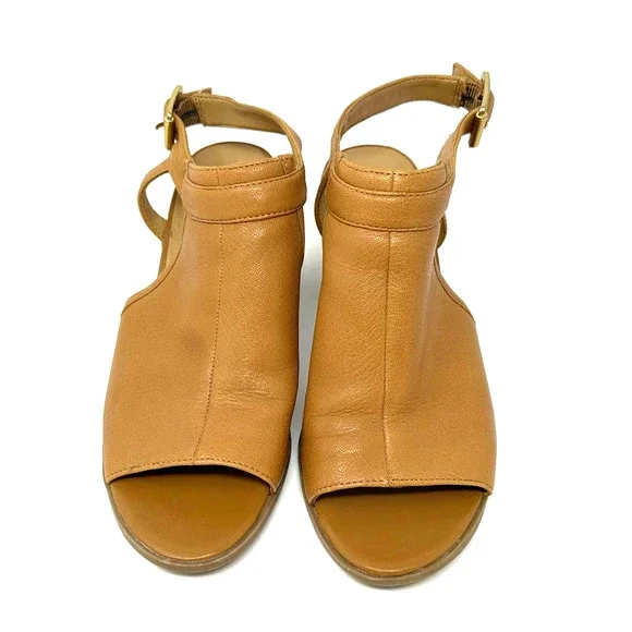 Franco Sarto size 7.5 leather brown chunky heels strap back open toe - Picture 2 of 8